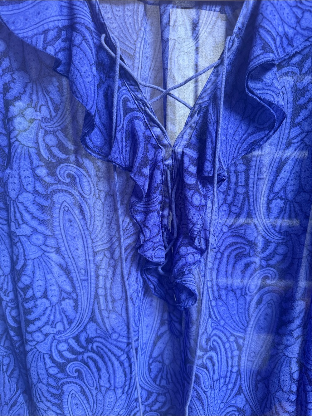 The Jetset Diaries Blue Paisley sheer Ruffle Tie-Front Blouse